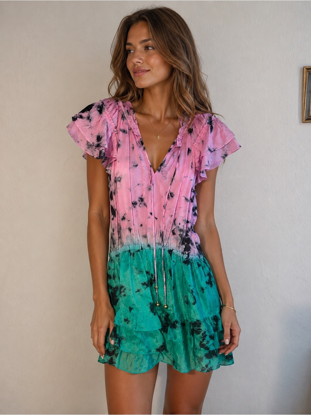 Karina Grimaldi Pink and Black Tie-Dye Ruffle Dress